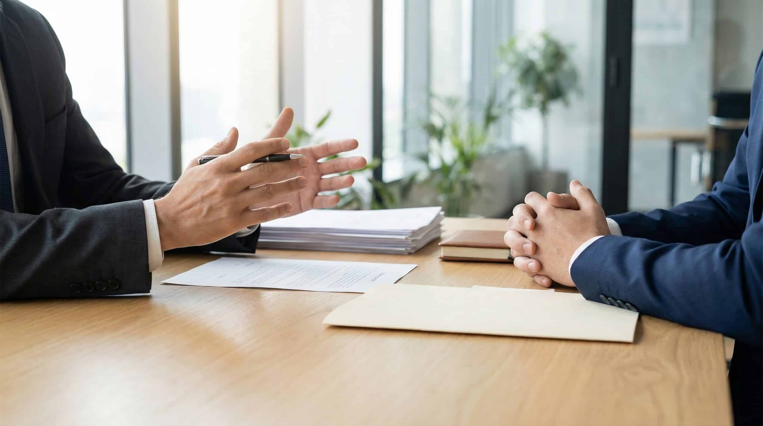 Two businesspeople in suits discuss across a wooden table with documents and pens nearby